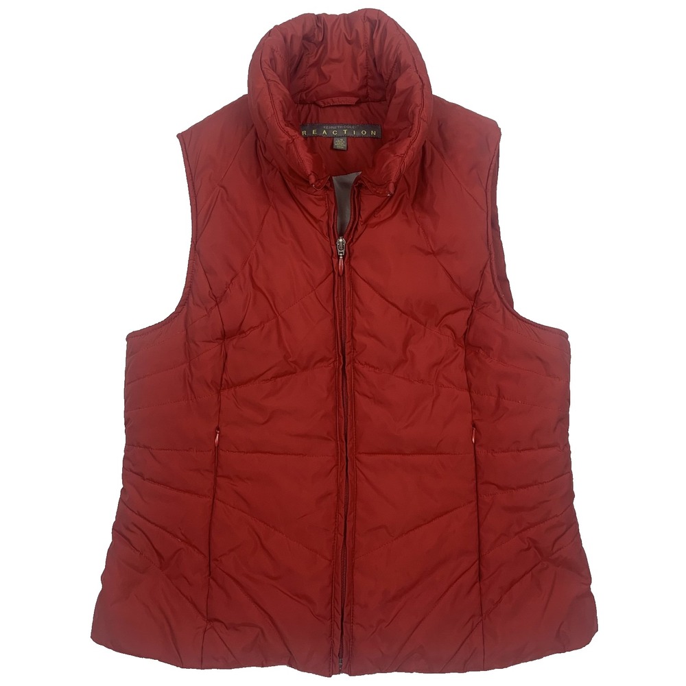 Kenneth Cole Reaction Down Puffer Vest Women's L Red Quilted Zip Pockets